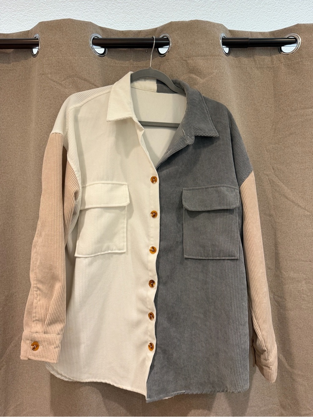 Colorblock Corduroy Shirt Jacket - Cream, Gray & Beige
